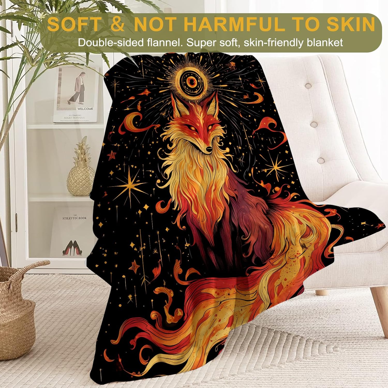Fiery Fox Fleece Blanket - Lightweight Soft Cozy Gifts Throw for Zodiac Lovers,Kids,Women,Men,Cool Mystical Keeper Blankets,Home Room Modern Artistic Bold Decor 50x60in