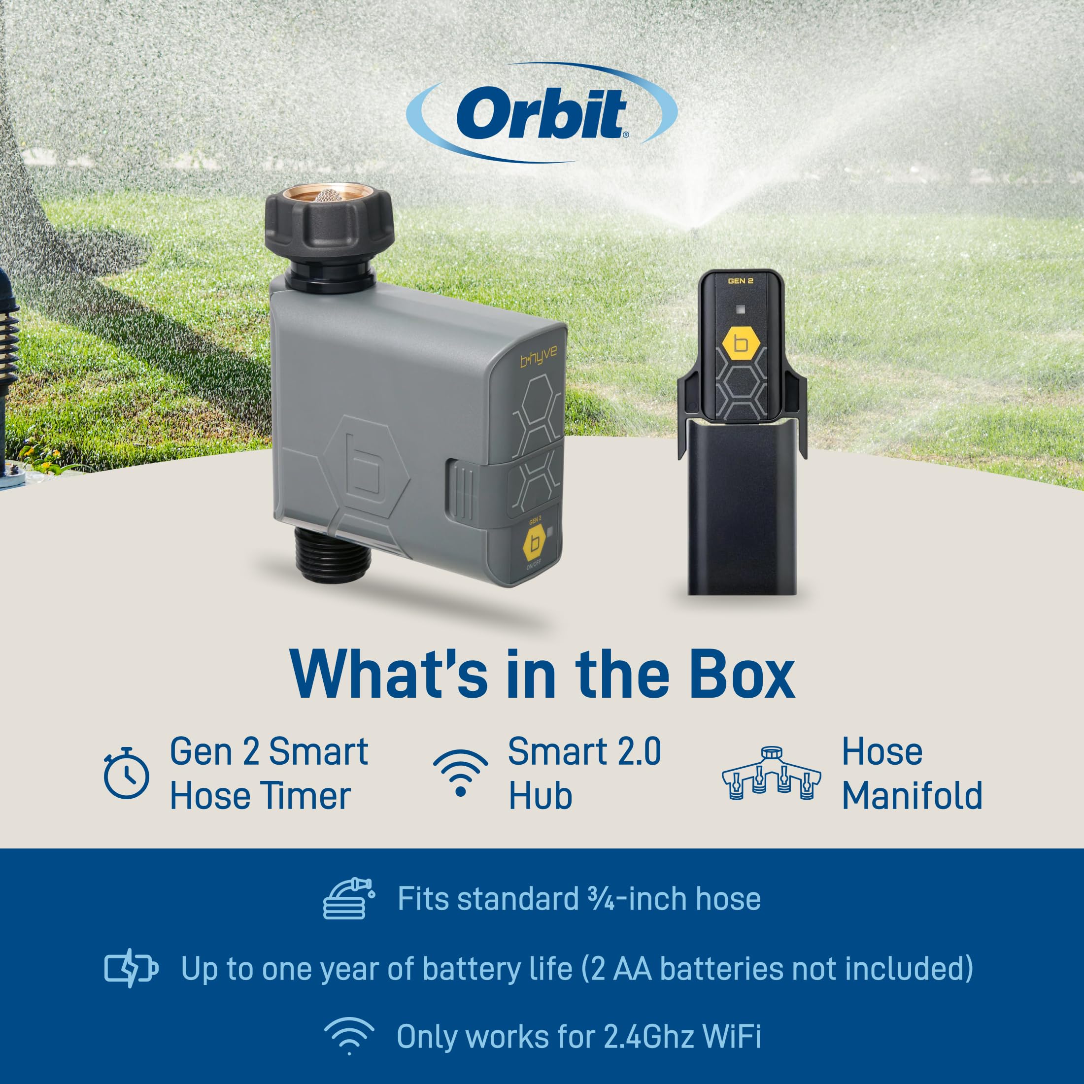 Orbit 21207 B-hyve Gen 2 Smart Hose Irrigazione Timer, confezione da 4 con hub Wi-Fi e collettore a 4 porte