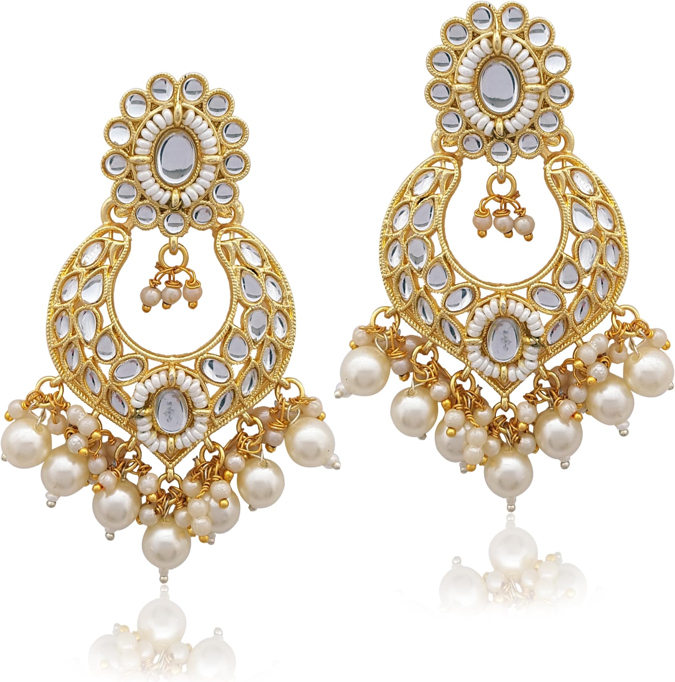 Traditional Indian Golden Chandbali/bali Earrings with Meenakari & Pearls for Women (Green)
