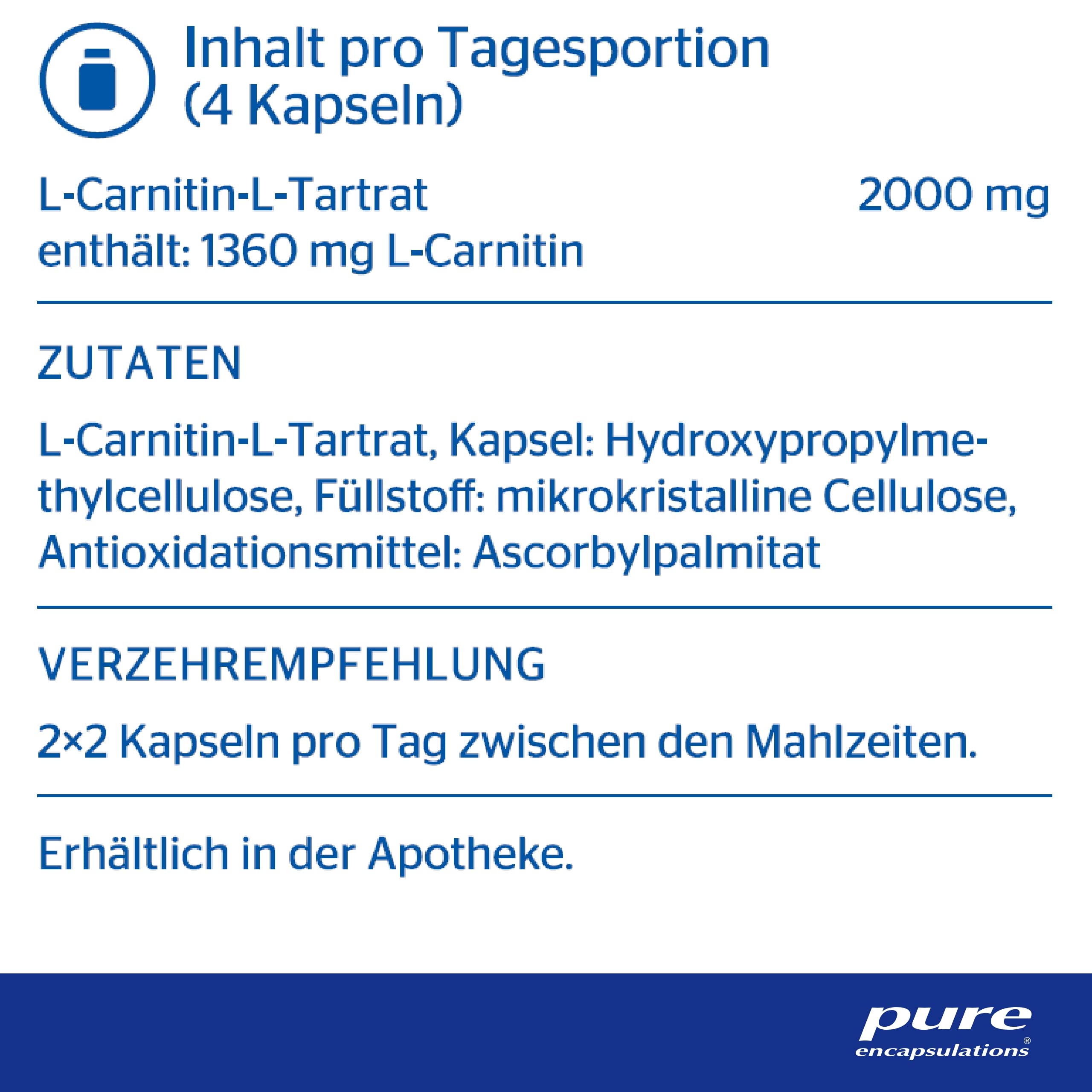 Pure Encapsulations - L-Carnitin - Hochwertig und Vegan - Aminosäure-Derivat - 120 vegane Kapseln