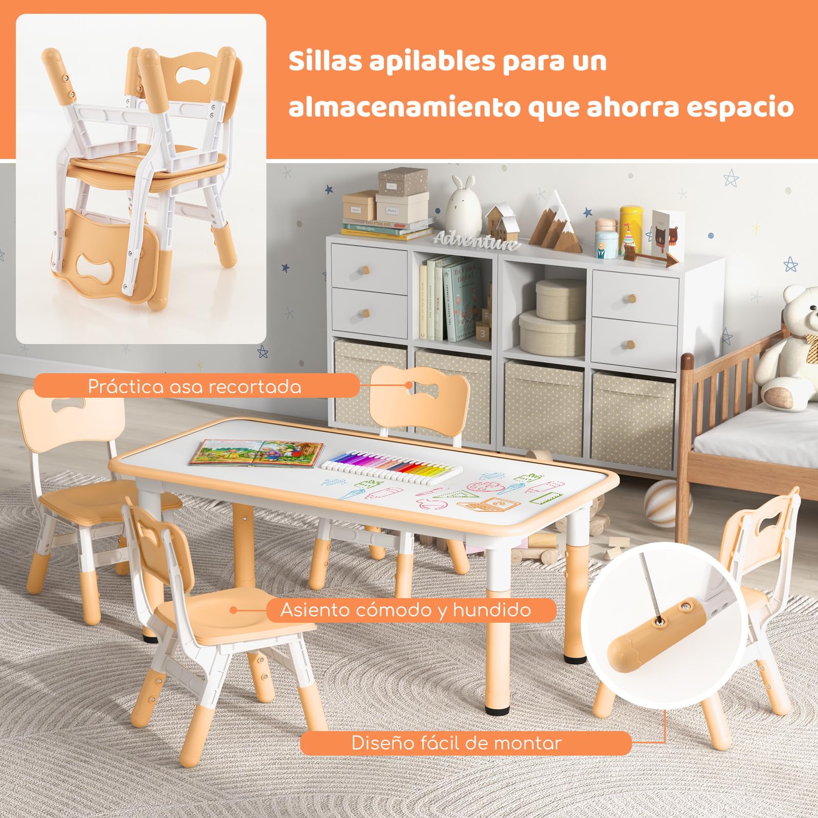 GOPLUS Juego de Mesa Infantil con 4 Sillas, Escritorio Infantil y Sillas Regulables en Altura con Bandeja para Graffiti, Mesa de Dibujo para Niños y Niñas de 2+ Años, Capacidad 50 KG (Natural)