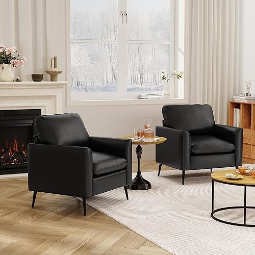 Miniatura 3 de TYBOATLE Juego de 2 sillas decorativas, sillas decorativas de cuero negro, silla cómoda para sala de estar, silla de lectura acogedora, sillas