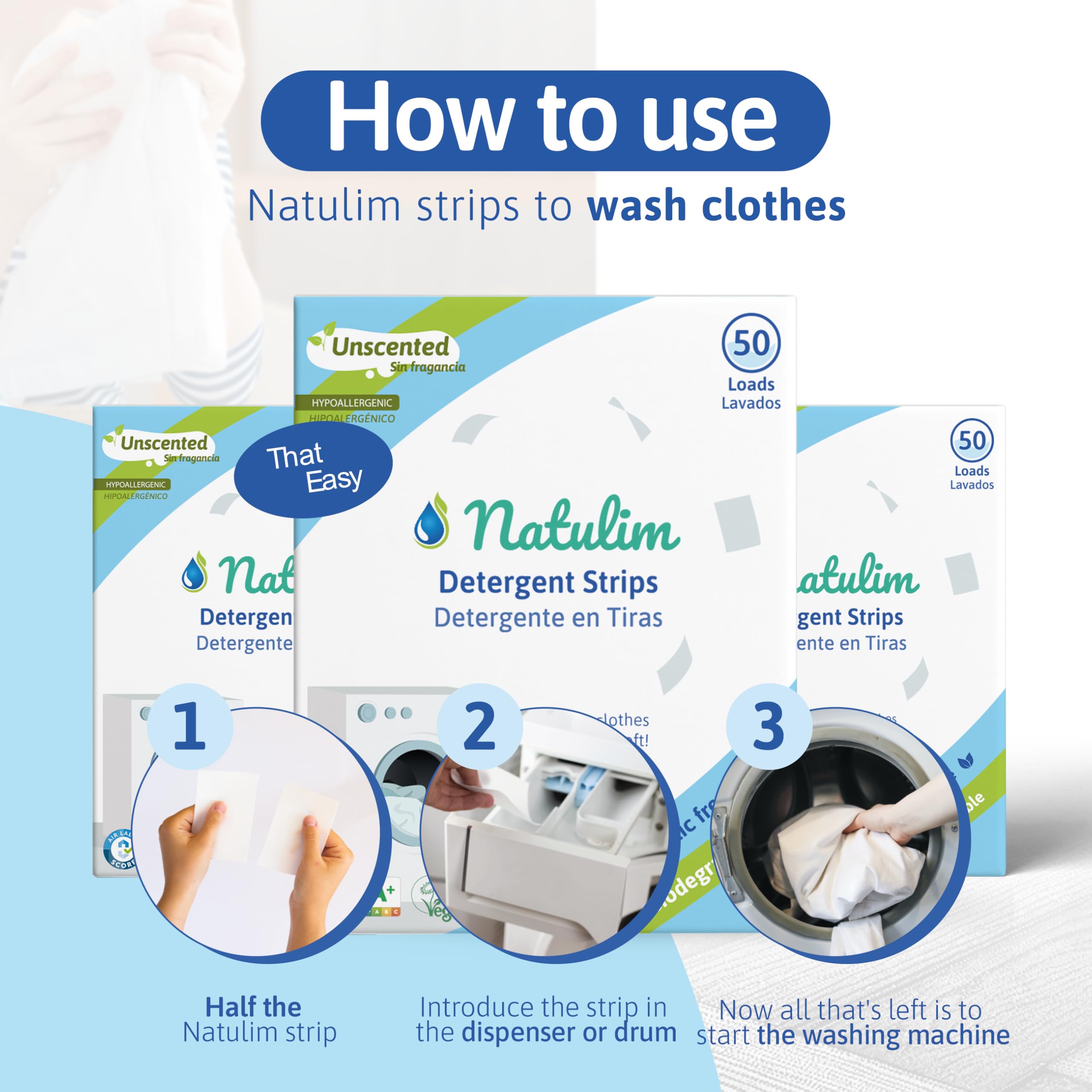 Natulim - Detersivo in Strisce per Lavatrice (360 lavaggi) - Include Effetto Morbidi, Ecologico, Anallergico, Zero Waste, Made in EU - Set Pulito Senza Sporcare il Pianeta (Senza Fragranza)