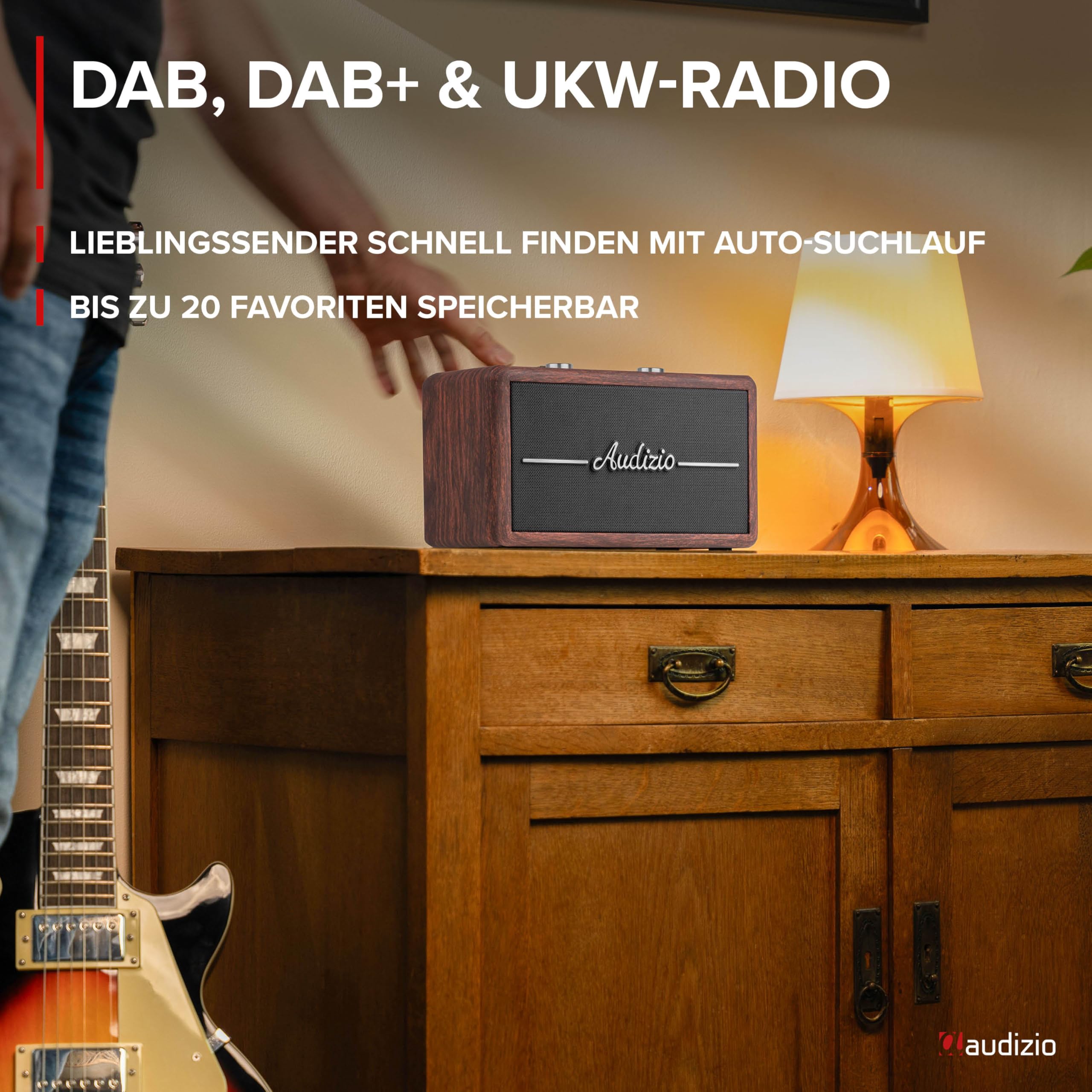 Audizio Tune60 - DAB Radio mit Bluetooth Lautsprecher, Fernbedienung, FM, 40 Watt, Batterie- Netzbetrieb, LCD, 20 Speicherplätze, USB/TF, AUX, Wecker, Leder Vintage DAB+ Radio - Dunkelbraun