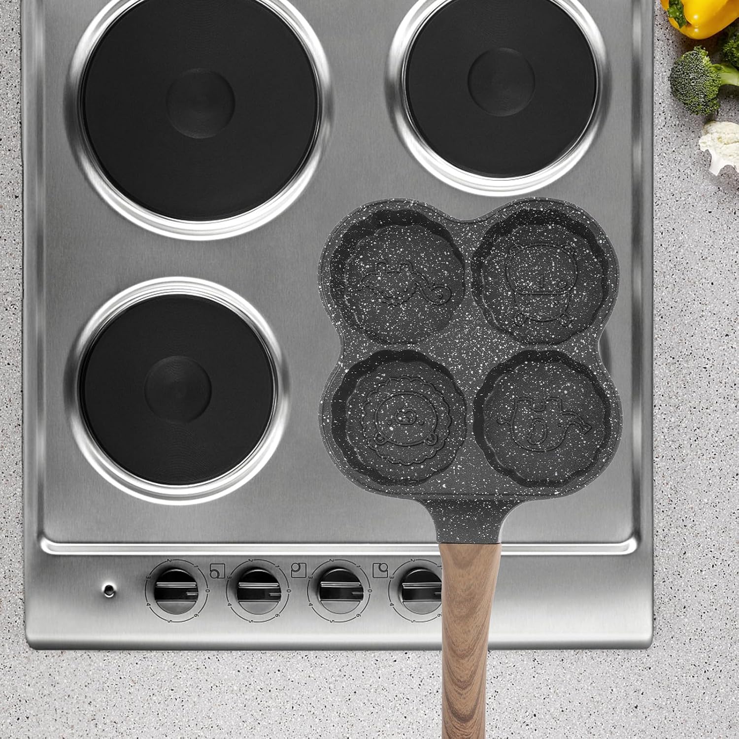 Egg Burger Making Pan Non-stick Breakfast Skillet Mold 20cm Black Deep Four-hole Omelet Frying Pan for Gas Stove Home Cooking