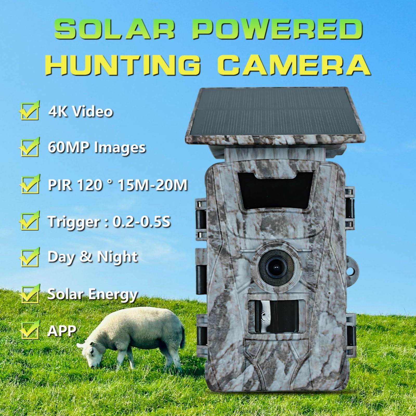 EMEBAY Cámara de Caza Solar Tarjeta SD de 64GB, 4K 60MP WiFi Cámara de Caza | Batería Recargable 5200mAh, Cámara de Fototrampeo con Visión Nocturna Infrarroja, Detección de Movimiento, IP66