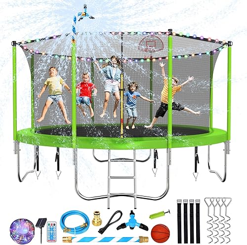 Lyromix Trampolín de 12, 14, 15, 16 pies para niños y adultos, trampolines al aire libre con postes curvos, trampolín de calabaza con rociador,