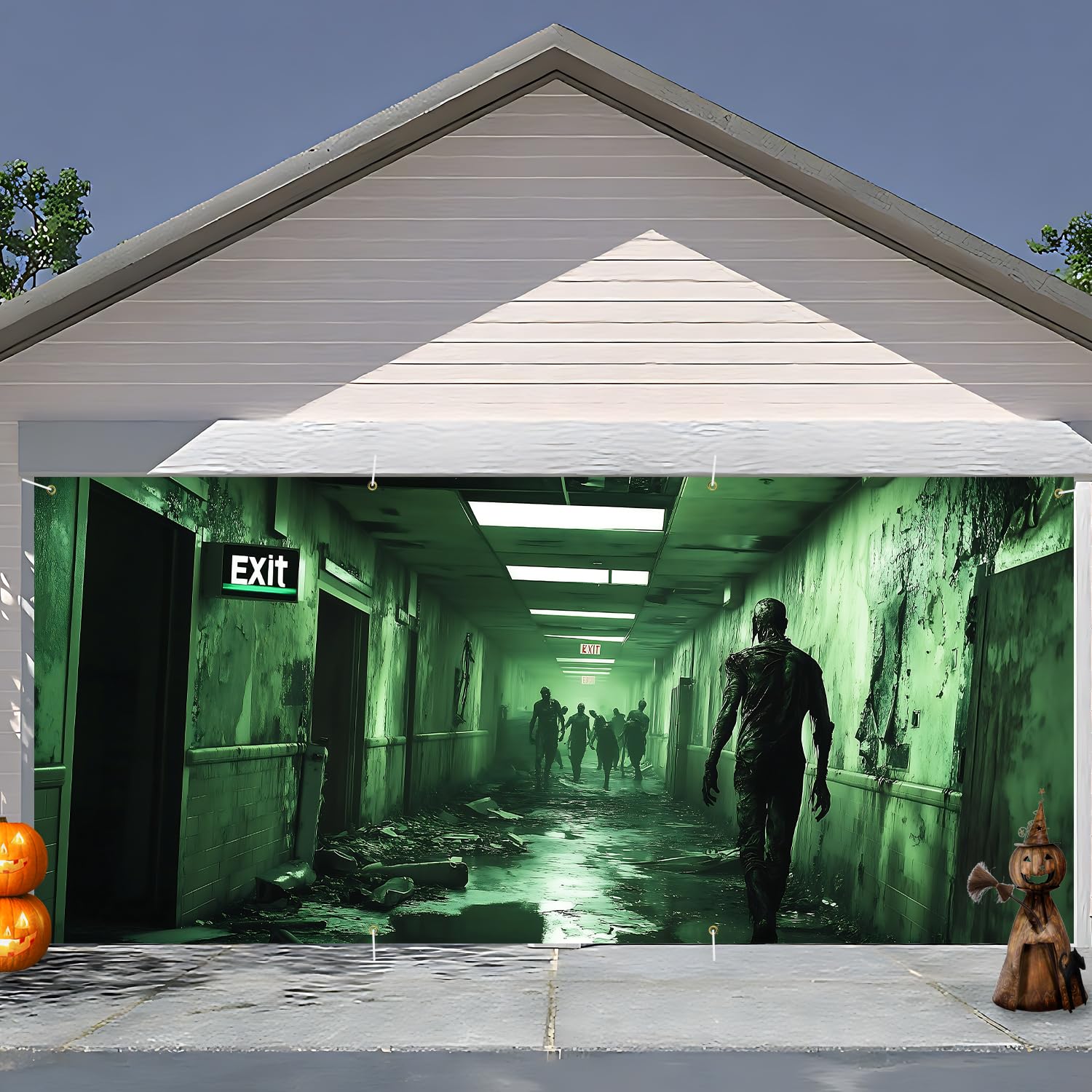 Halloween Haunted Corridor Spooky Silhouettes Garage Door Banner, 180 x 400 cm Large Outdoor Halloween Decoration for Garage, Garden, Fence, Yard