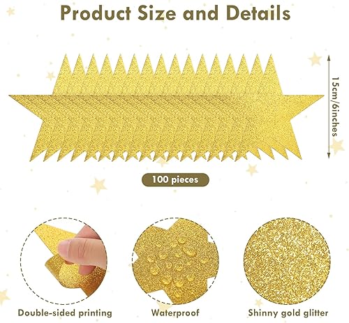 Miniatura 2 de 100 piezas de estrellas doradas con purpurina de 6 pulgadas con doble impresión de estrellas de papel con estrellas doradas, decoración de tablón de