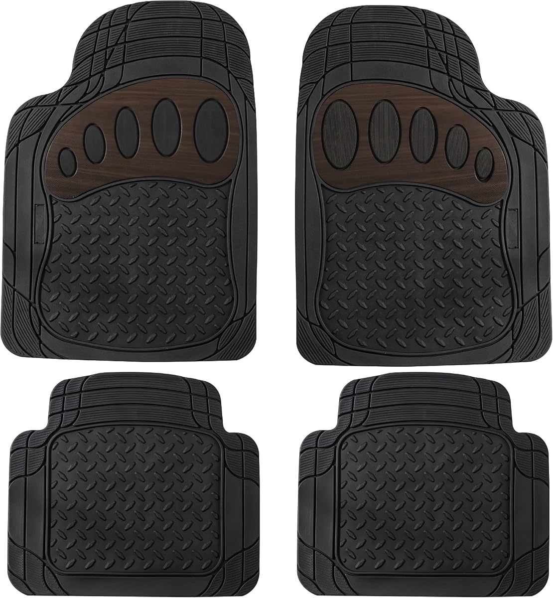 FH Group Alfombrillas para automoción de ajuste universal, recortables, resistentes al clima, para todo tipo de clima, de goma resistente, se adaptan a la mayoría de los coches, SUV y camiones, con diseño de huella, juego completo, color marrón y negro