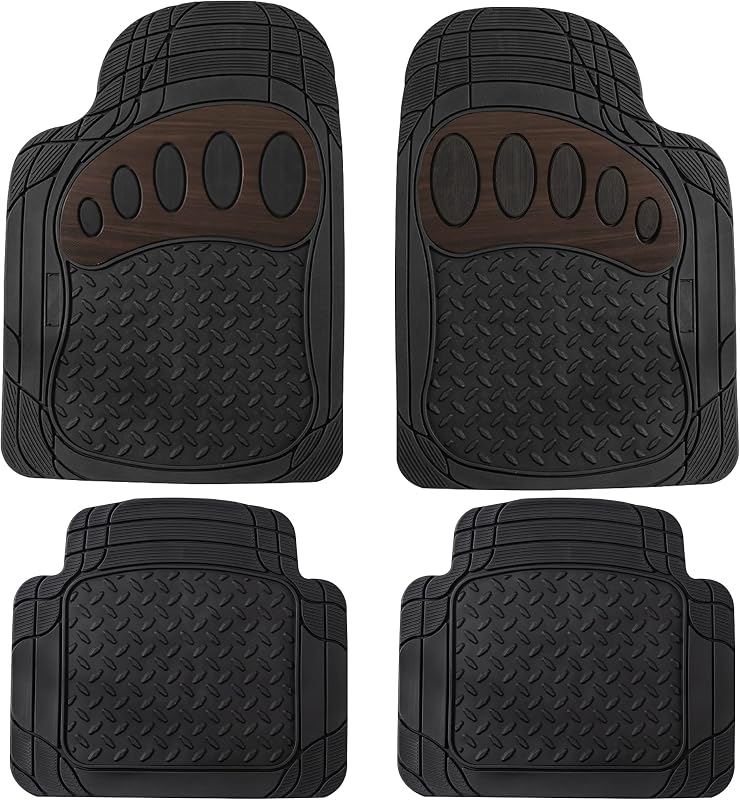 FH Group Alfombrillas para automoción de ajuste universal, recortables, resistentes al clima, para todo tipo de clima, de goma resistente, se adaptan a la mayoría de los autos, SUV y camiones, con diseño de huella, juego completo, color marrón y negro