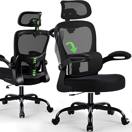 Silla de oficina ergonómicas con soporte lumbar ajustable y colgador para reposacabezas, silla de malla transpirable de respaldo alto con ruedas,