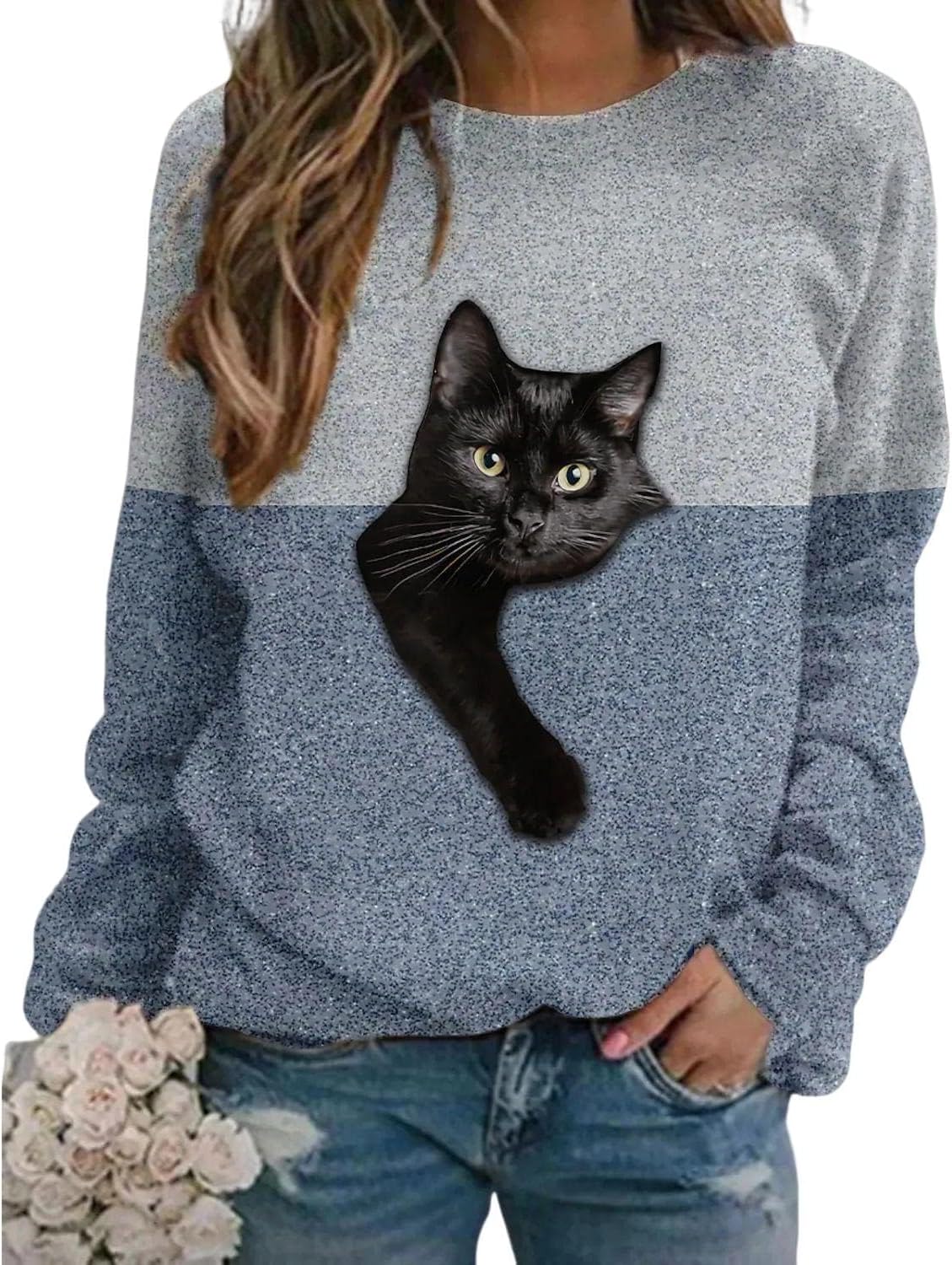 Bengbobar Women’s Cat Floral Sweatshirt Long Sleeve Crewneck Novelty 3D Print Sweatshirt Casual Fall Tops Pullover for Women