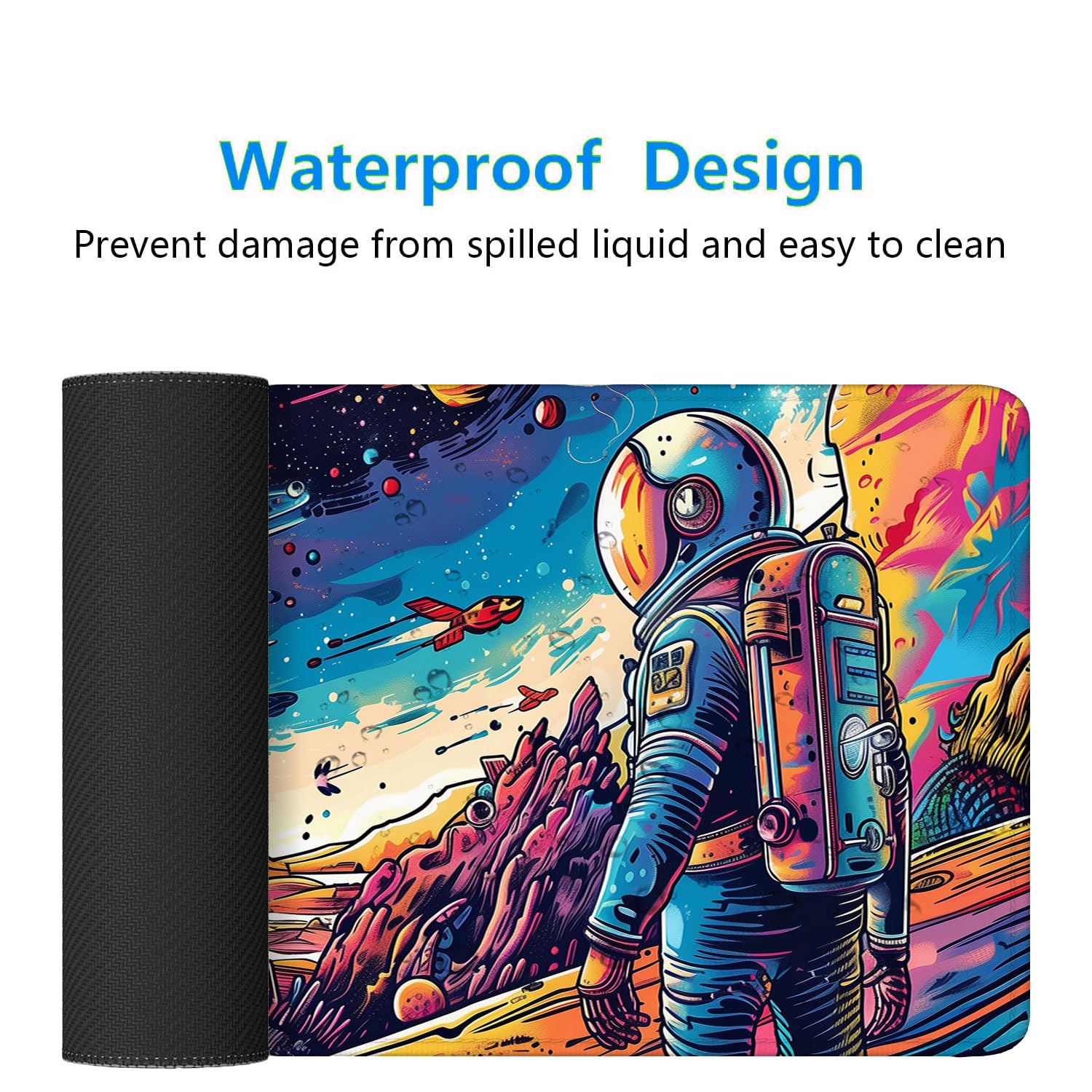 Space Planet - Alfombrilla de escritorio con diseño de astronauta, nave espacial, cósmico, grande, con bordes cosidos, base de goma antideslizante, impermeable, 31.5 x 11.8 pulgadas, oficina,