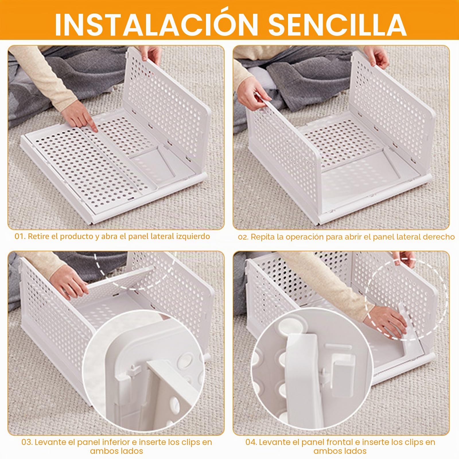 Organizador de almacenamiento para armario, 4 piezas cestas apilables grandes – 43x33,5x25cm, contenedores de almacenamiento de plástico para armario, hogar, oficina, lavandería, ropa
