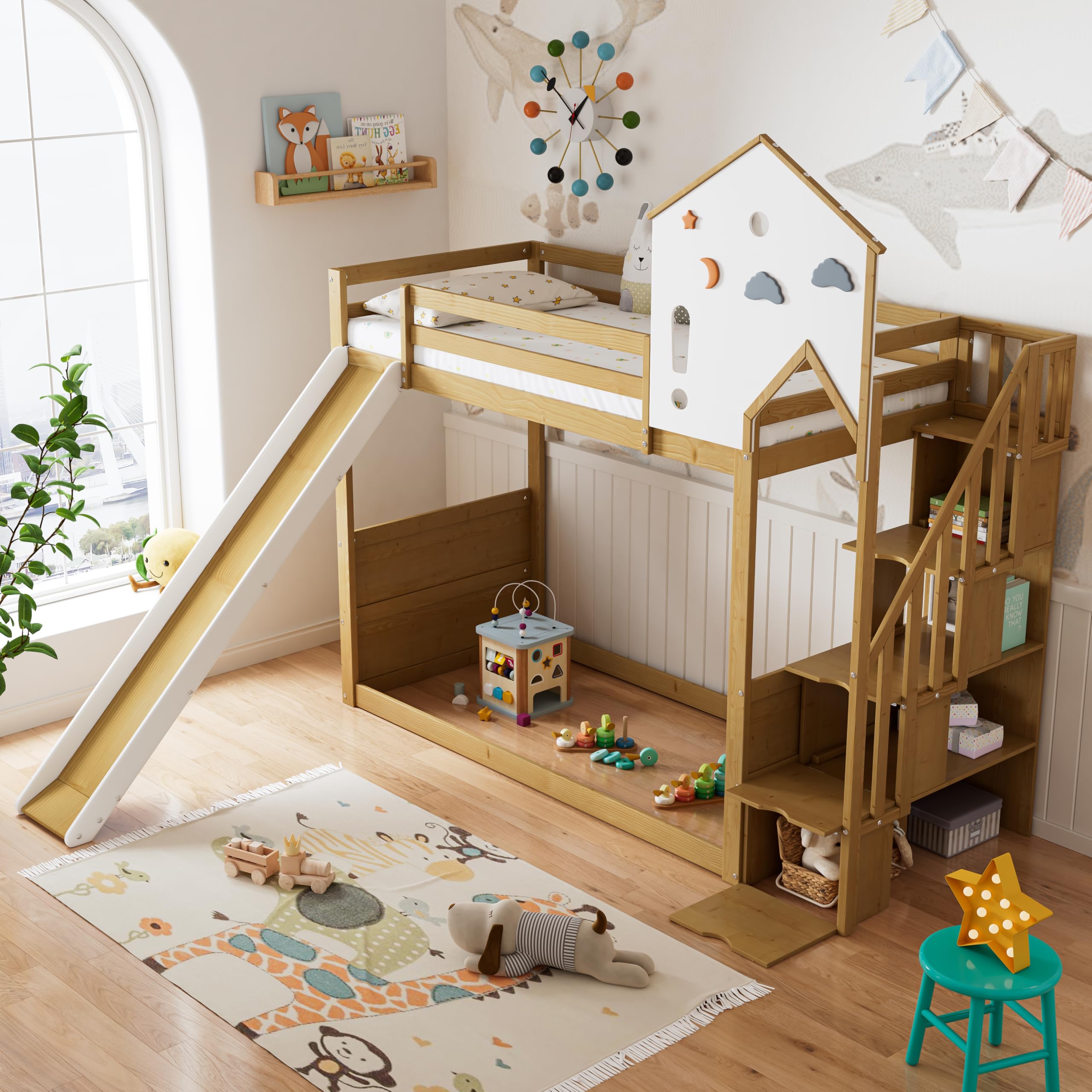 Letto a castello, letto per bambini, letto con scala angolare, culla con tetto e finestra, culla con 3 armadietti nelle scale, letto a castello con scivolo, pino MDF, bianco naturale, 90 x 200 cm
