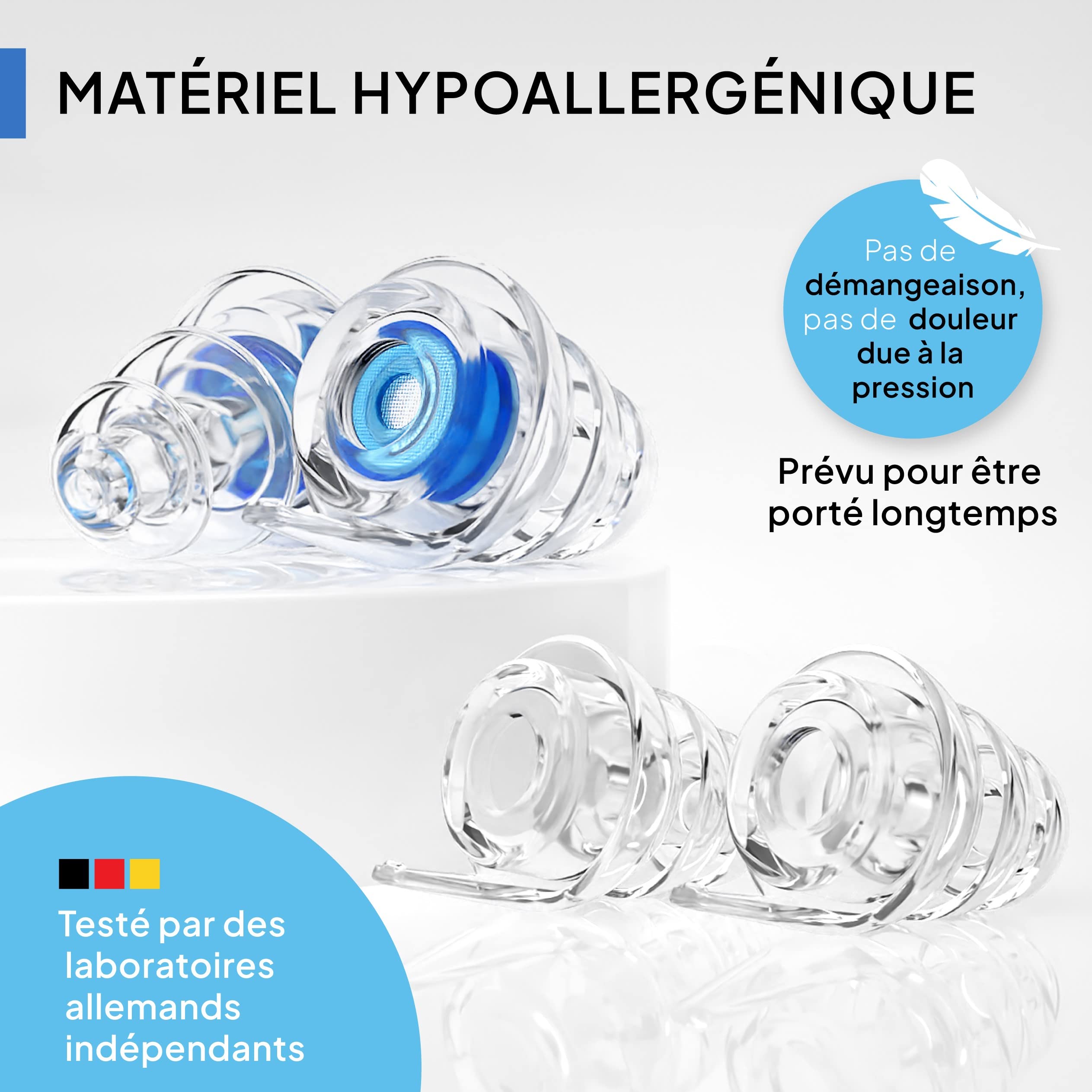 Senner Bouchons d’oreille MusicPro avec étui en aluminium Idéal pour les discothèques, pour écouter de la musique, pour les concerts et les festivals, bleu - transparent
