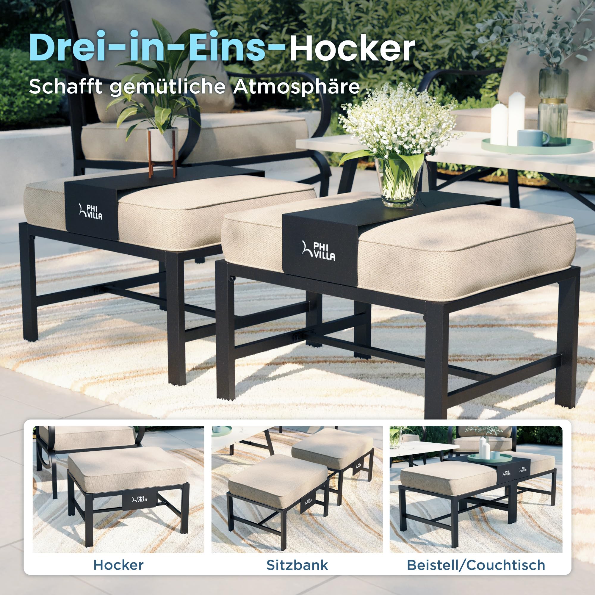 PHI VILLA Gartenmöbelsets 7-Sitzer, 5-teiliges Metall Lounge Möbel Outdoor, Gartenlounge Modulare Terassenmöbel Beige mit 2 Ottomane für Außen, E-Beschichtung Geschmiedeter Rahmen & Dicke Kissen