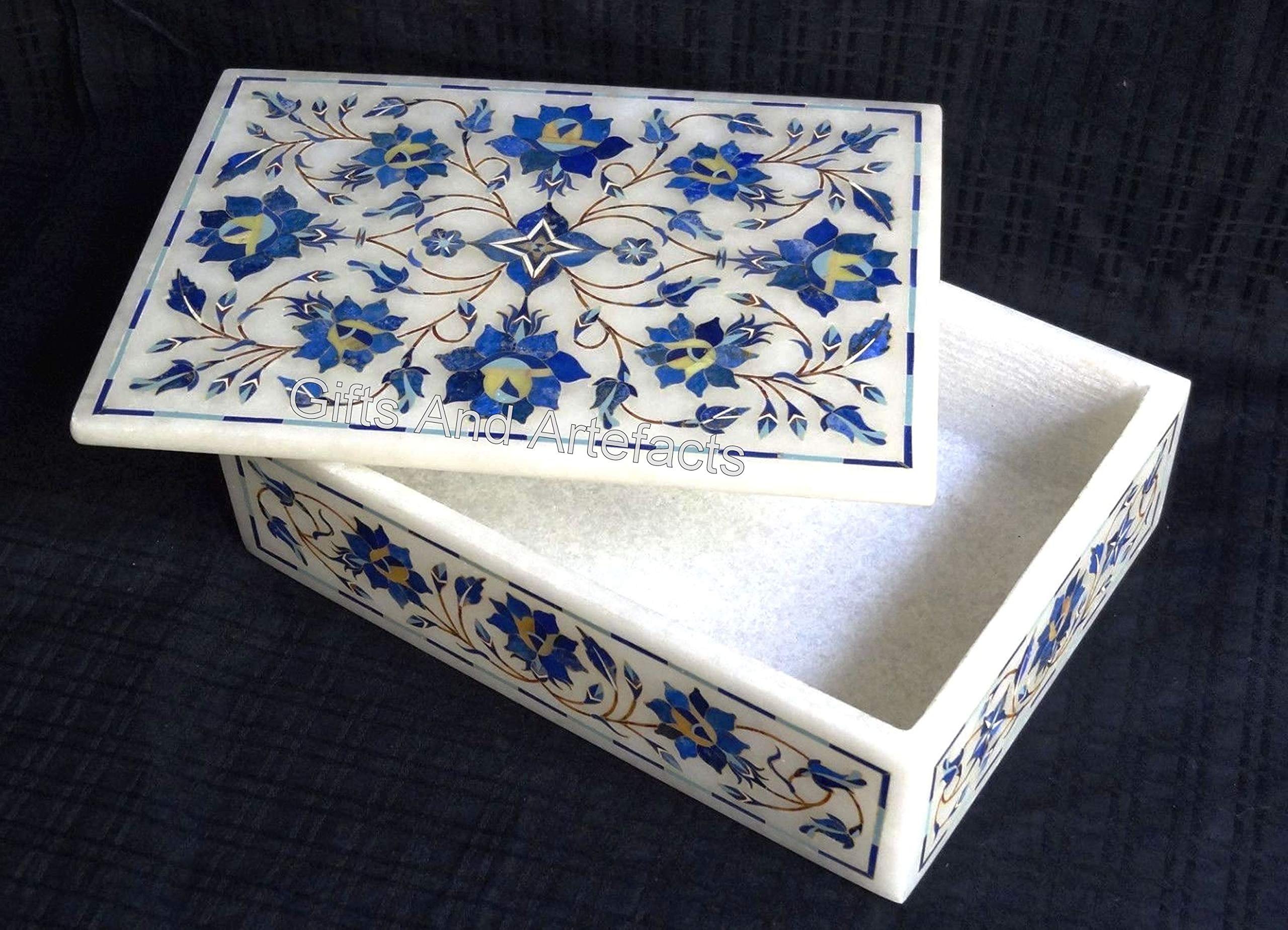 Boîte à bijoux en marbre blanc rectangulaire coffret rangement lapis-lazuli