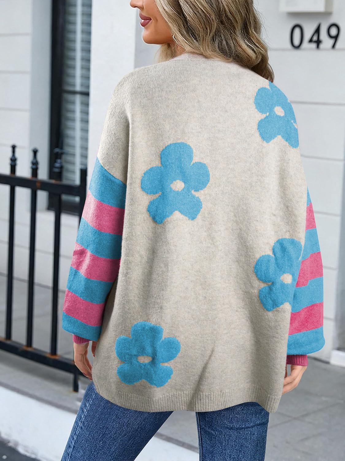 LUKYCILD Open Front Cardigan Sweaters for Women Floral Color Block Long Sleeve Drop Shoulder Sweater Knit Outerwear - Image 4