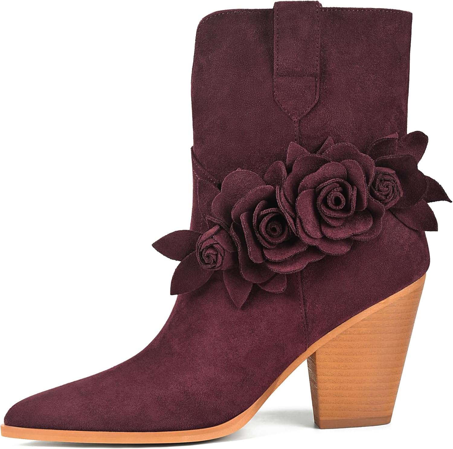 XINIUNIU Women's Flower Ankle Boots Pointed Toe Pull On 3.5 Inch Chunky Block Heel Suede Fashion Dress Comfortable Casual Booties