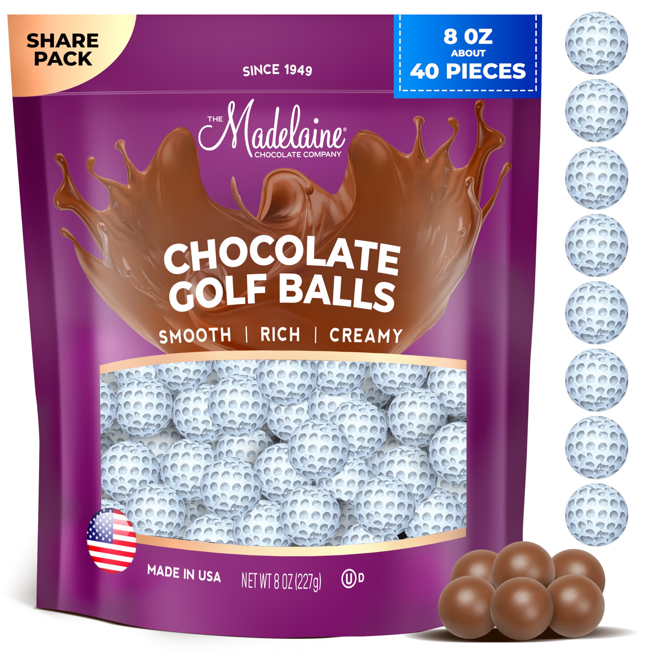 Madelaine Solid Milk Chocolate Golf Balls Candy – Foil Wrapped Chocolate Golf Ball Party Favors for Golf-Themed Events, Birthdays & Gifts – 1/2 LB Bag