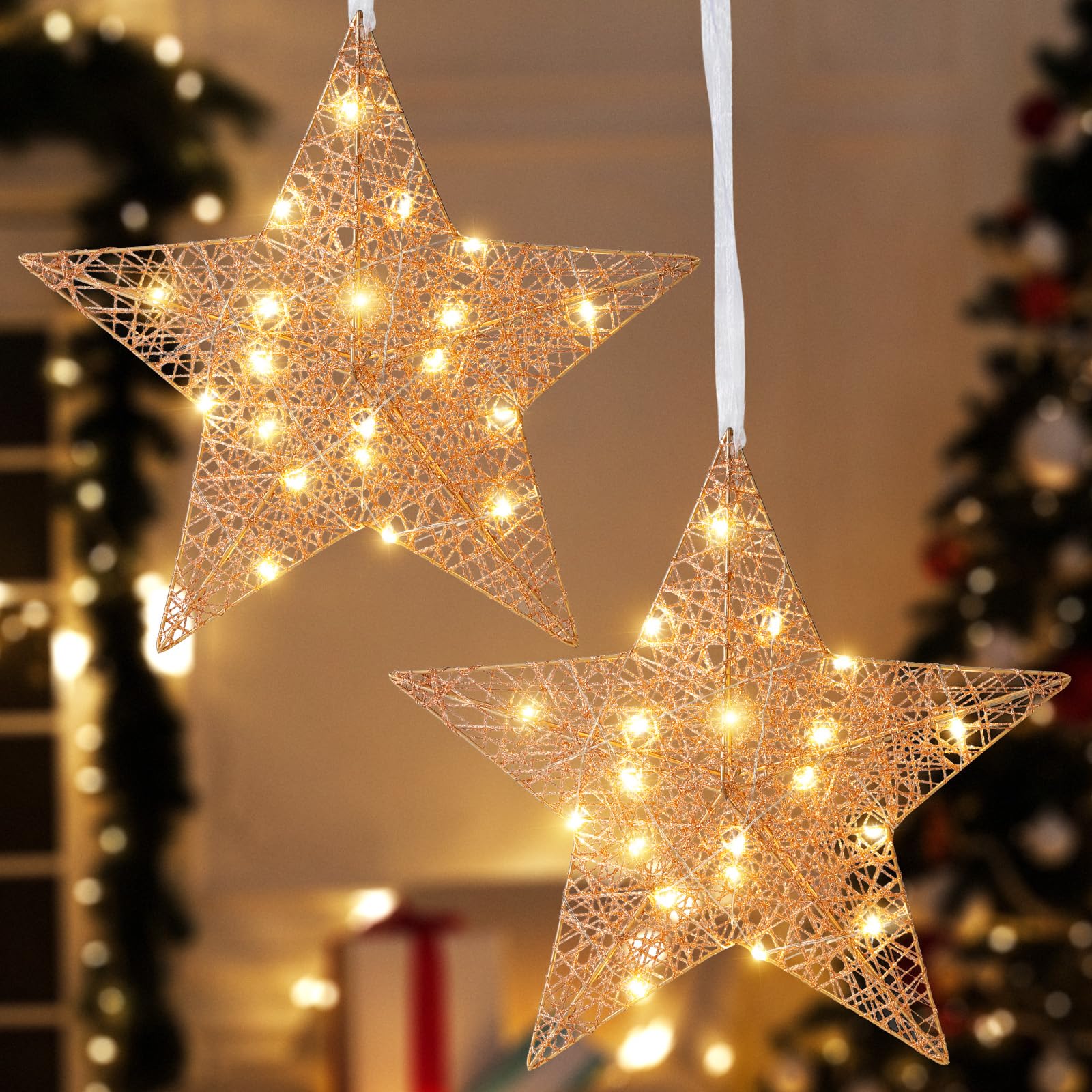 2 Pack Hanging Light for Christmas, 11.8 Inch Lighted Star Shape Decorative Hanging Ornament, Battery Operated Iron Wire LED Decor Light for Xmas Holiday Room Home Party, Timer Function, Rose Gold