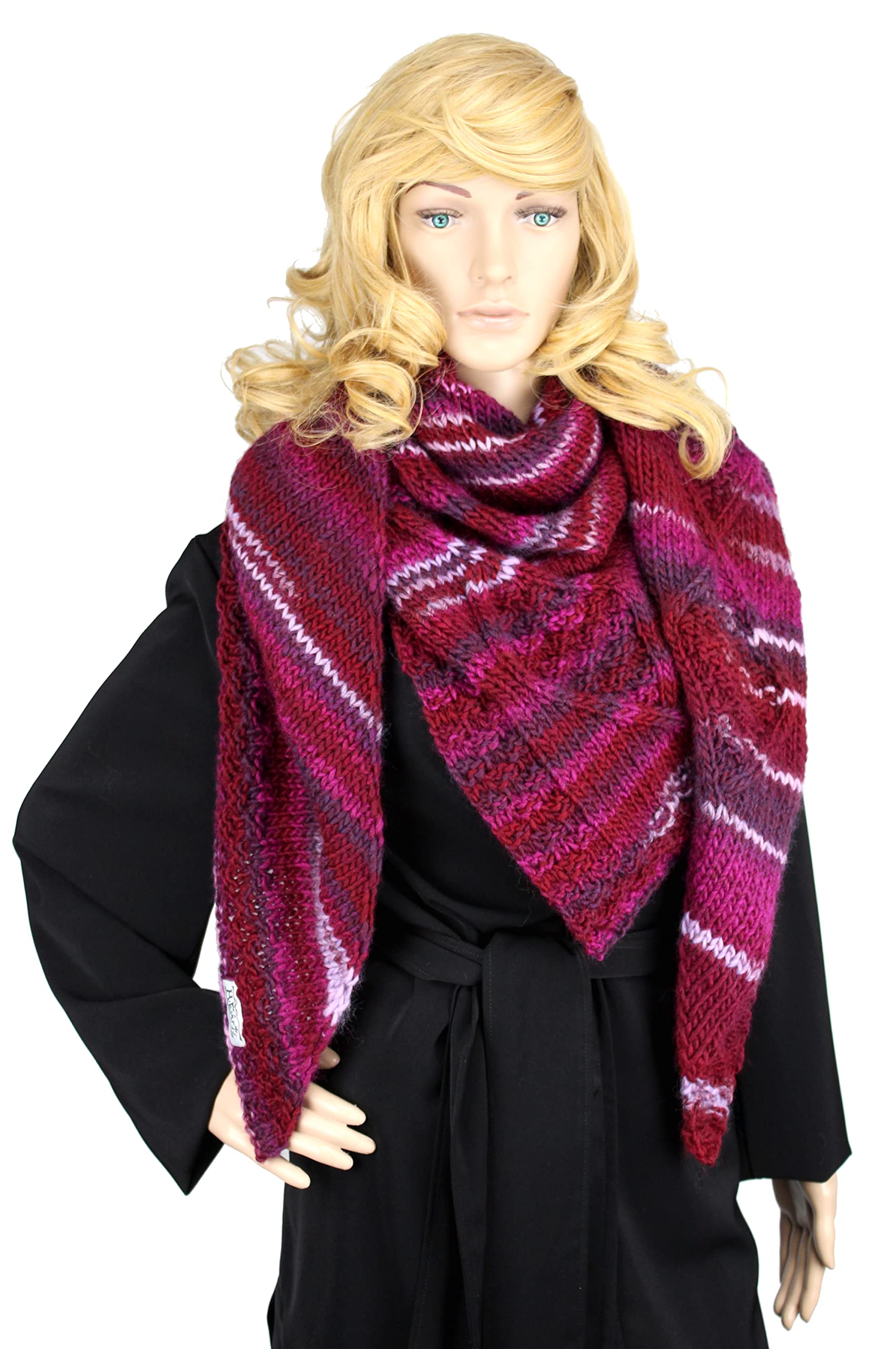 H.E.Arts Dreiecks-Schal bordeaux hand-gestrickt Damen leicht asymmetrisches Dreieckstuch