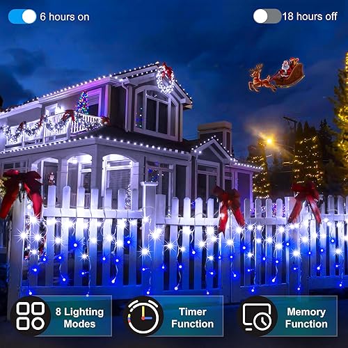 Miniatura 2 de 670 luces LED de Navidad de 66 pies con 148 gotas, 12 modos regulables, luces colgantes blancas y azules al aire libre con memoria de temporizador,