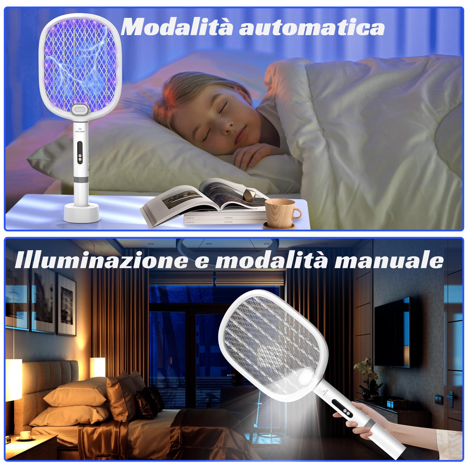 PALONE Racchetta Zanzare Elettrica 4000V con 2 Type-C, Portatile Ricaricabile 1800mAh Scacciamosche Elettrico Rimovibile, Notte LED & Base di Ricarica USB C