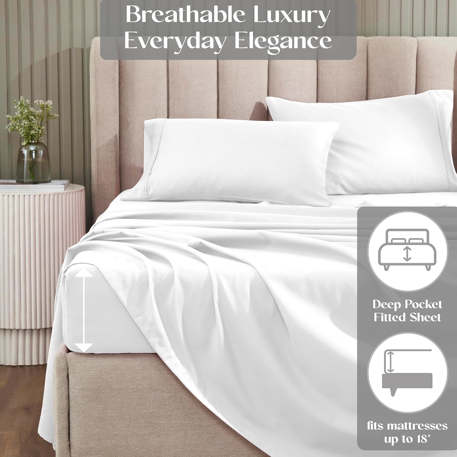 Superior Cotton Blend Bed Sheet Set, Elegant Bedding, 6-Piece Set Includes 1 Elastic Deep Pocket Fitted Bedsheet, 1 Flat Sheet, 4 Pillowcases, Modern Sateen Weave - Queen, White