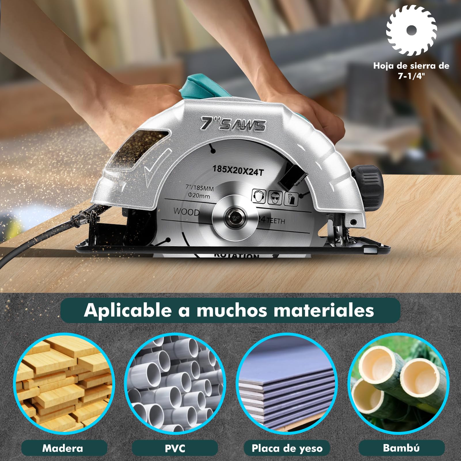 Sierra Circular Eléctrica de 1200 W, 220V 5200 Rpm Potente Velocidad Variable Ángulo Y Profundidad Ajustables, Con 3X Hojas de 185mm 24T/40T/60T, para Carpintería Doméstica, Tubos de Pvc