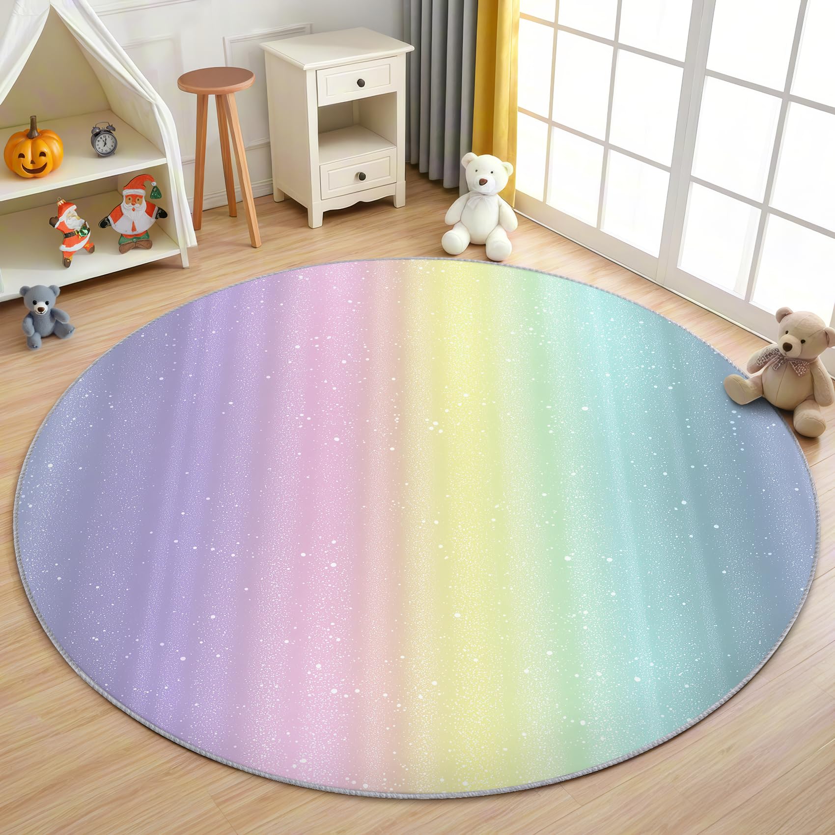 Regenbogen Mädchen Teppich Rund 100cm Kurzflor - Waschbare Teppiche Wohnzimmer Streifen Bunt Kinder Pastell - Runder Teppich 100cm Durchmesser - Bettvorleger Schlafzimmer rutschfest Weich