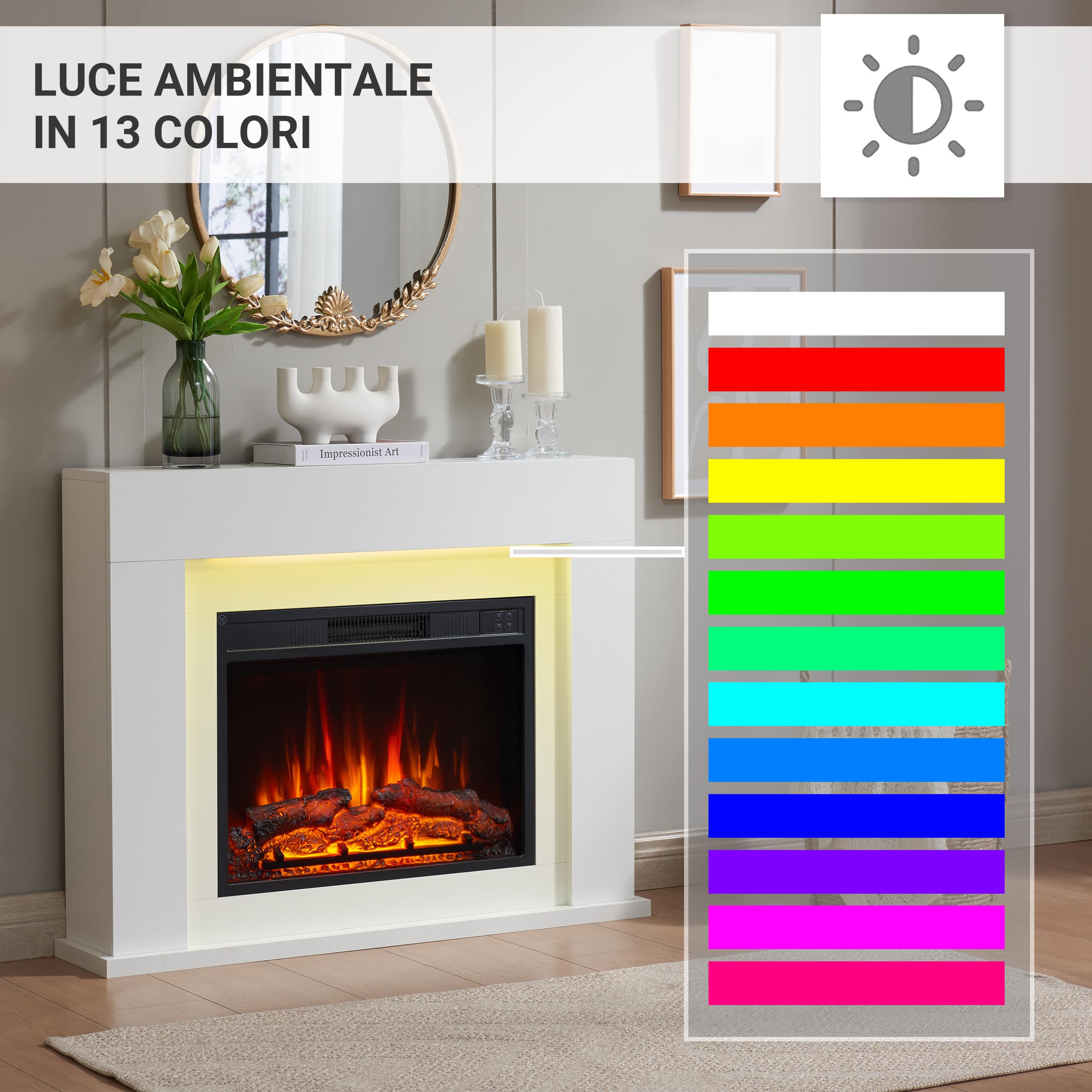 BALDERIA Finn Design Camino elettrico da terra, effetto fiamma 3D LED, riscaldamento
