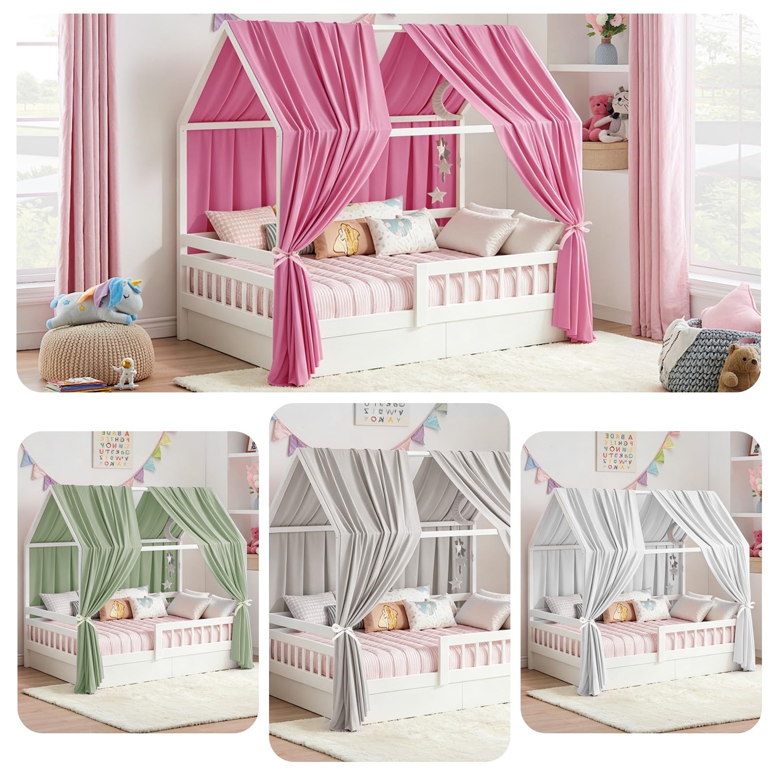 Hausbett Himmel, 2PCS Betthimmel Hausbett, Musselin himmelbett vorhänge, Hausbett Vorhang für Hausbetten, Kinderzimmer Deko Stoffhimmel für Mädchen Jungen Baldachin Kinderbett (H270 x W67CM, Grün)