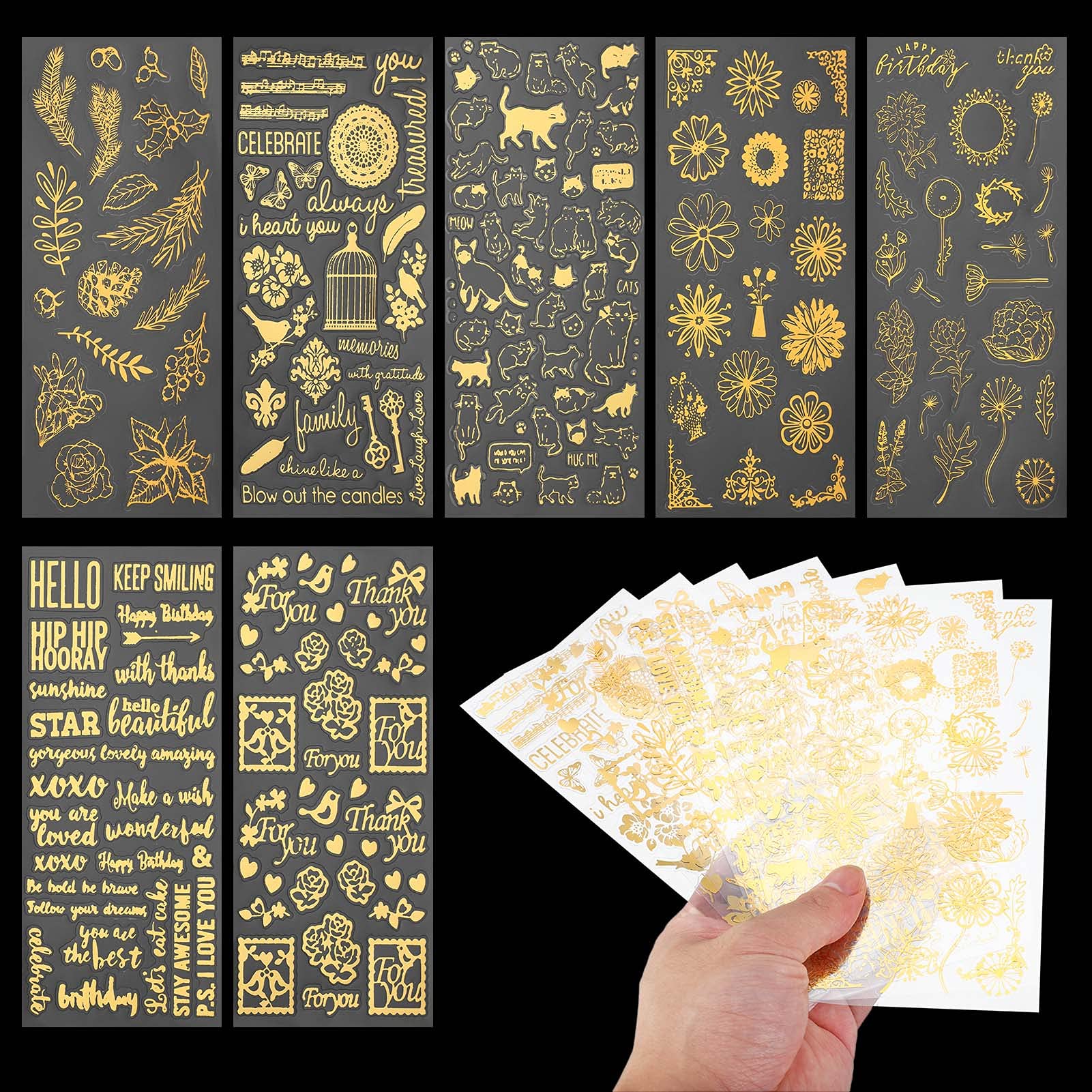 olyee 7 hojas de scrapbooking pegatinas autoadhesivas impermeables para scrapbooking y manualidades, incluye hojas frescas elegantes letras bonitas pájaros dulces gatos (dorado)