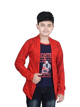 Fabshio Boys Full Sleeve Cotton Printed T-Shirt with Attached Red Jacket Shrug for Casual