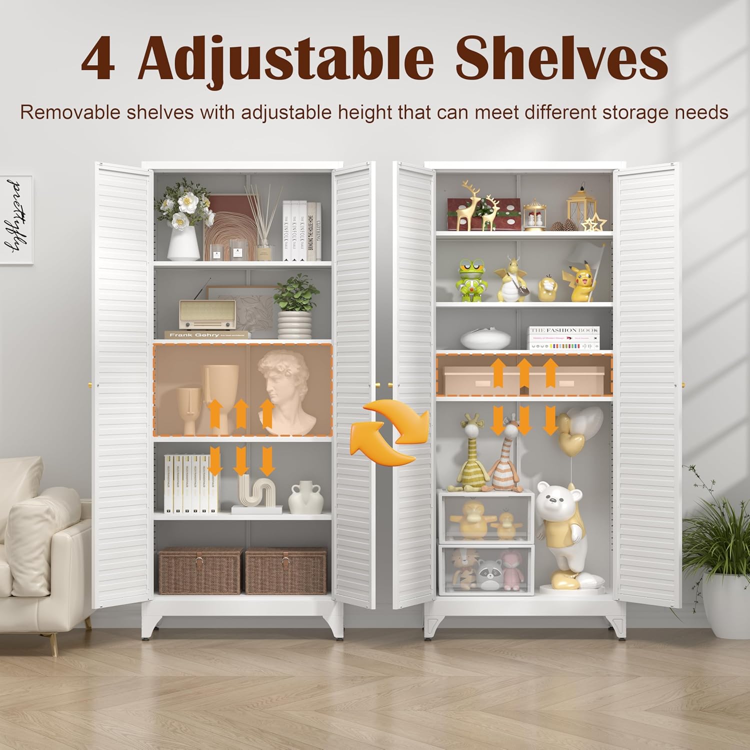 Kitchen Pantry Cabinet,75" Metal Storage Cabinet with Doors and 4 Adjustable Shelves,White Tall Locker Organizer Steel Garage Cabinets for Tool,File Cabinet for Office,Kitchen,Garage,School