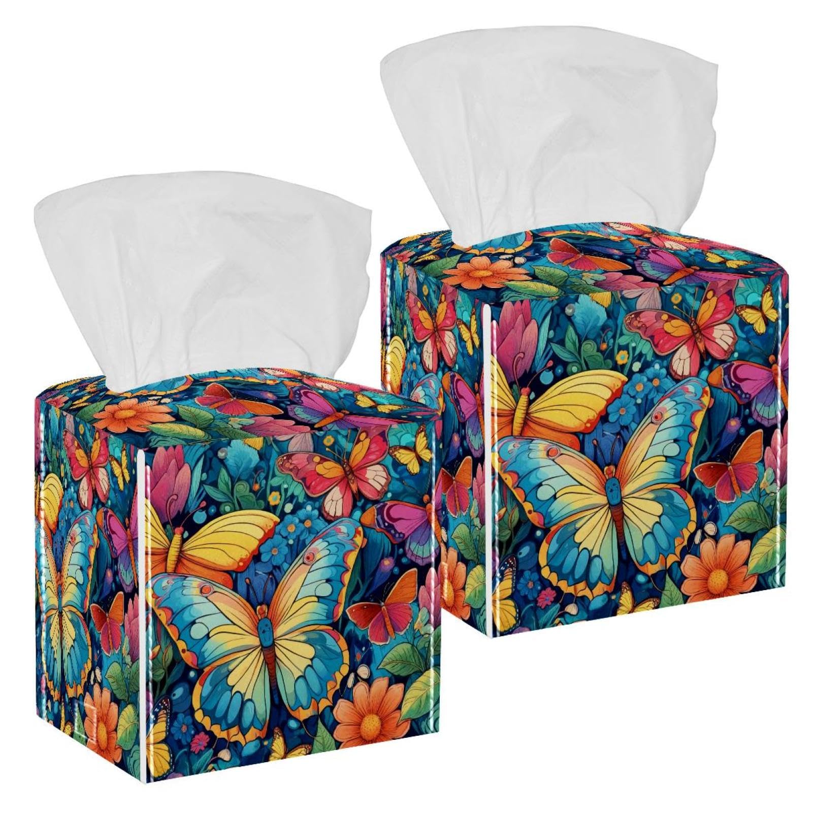 Aesthetic Butterfly Tissue Box Cover, 2 Pack PU Leather Square Facial Tissue Dispenser Box holder for Home Office Car