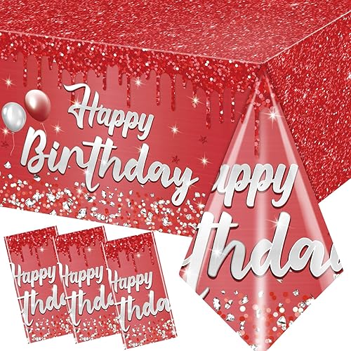Decoraciones de fiesta de feliz cumpleaños, 3 piezas, mantel de feliz cumpleaños, mantel rojo y plateado, mantel de plástico para mujeres y hombres,