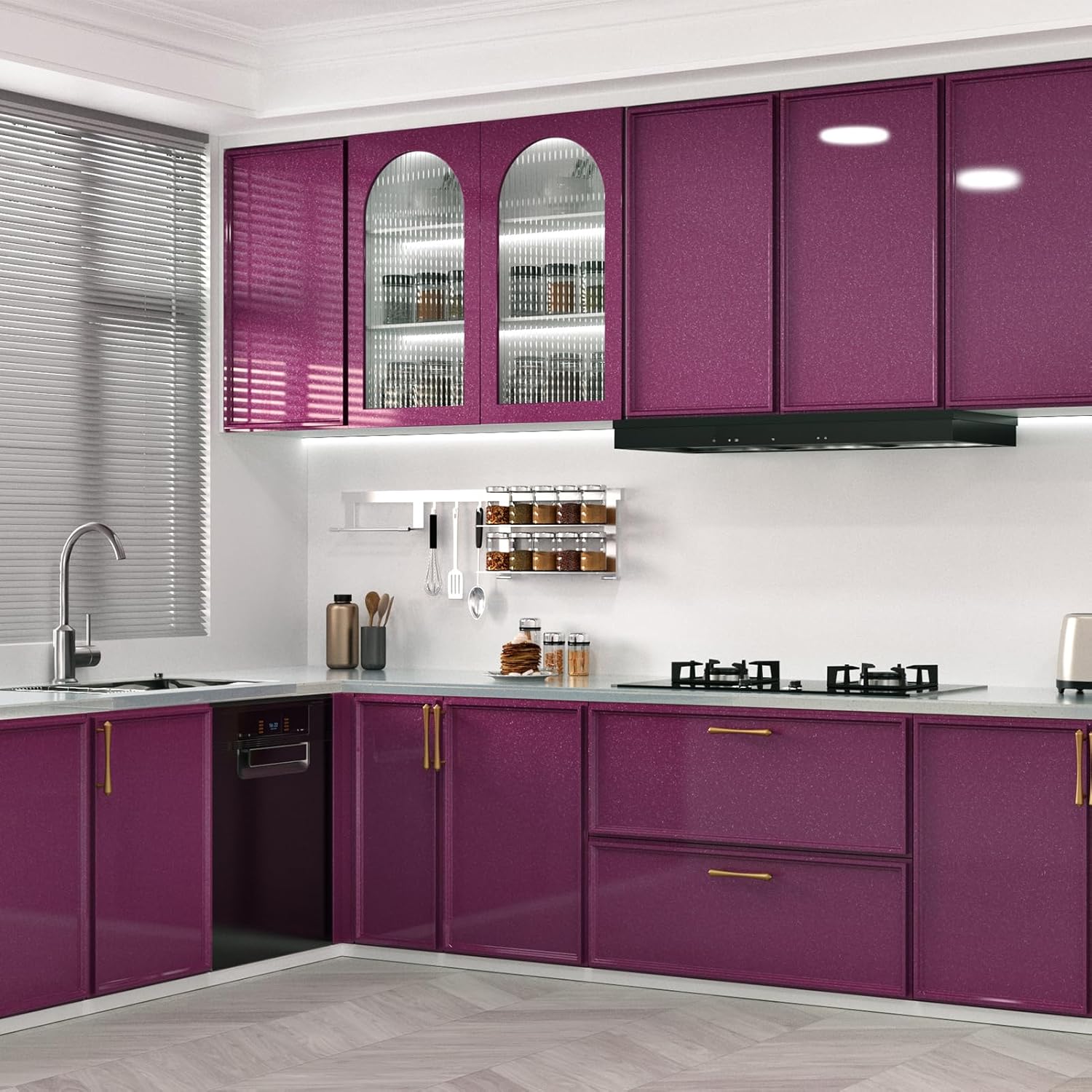 Wallercity Glossy Purple Contact Paper Peel and Stick Wallpaper for Cabinets Kitchen Backsplash 15.8''x118'' Dark Purple Wallpaper Peel and Stick Countertops Vinyl Self Adhesive Glitter Contact Paper