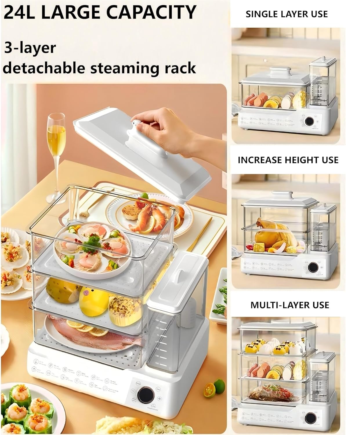 24L Electric Steamer, Three-Layer Food Steamer, Stainless Steel Steamer With Detachable Water Tank, 800w Large Capacity Breakfast Machine With Timer, Suitable For Families And Gatherings