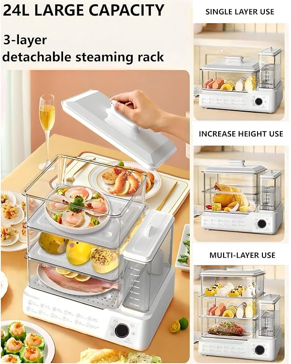 Aptovpvp 24L Electric Food Steamer, 3-Tier Vegetable Steamer, Keep Warm by Aptovpvp - Used condition - Image 5