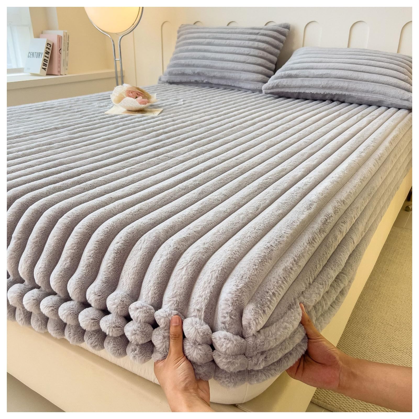 DATOUJL Plush Fitted Sheet Faux Fur Velvet Fitted Sheet Soft Plush Bedcover Mattress Cover With All-around Elastic Rubber Band Bed Sheet Warm Bedsheets 26cm deep (1,120x200cm)