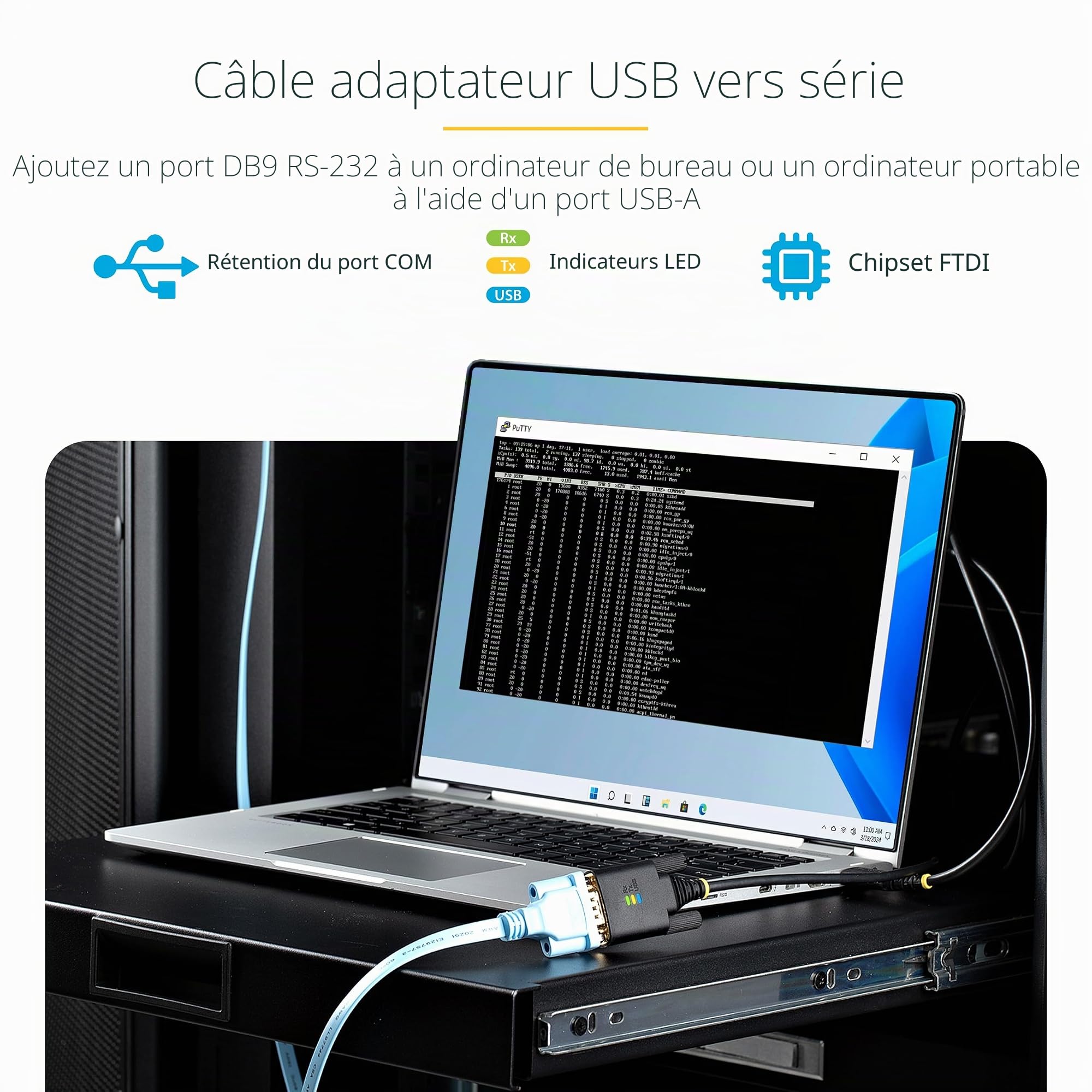 StarTech Câble USB vers Série 2m, FTDI, DB9 RS232 (1P6FFC-USB-SERIAL) | Adaptateur USB-A, Retention COM, Voyants LED, Ecrous a vis DB9 interchangeables