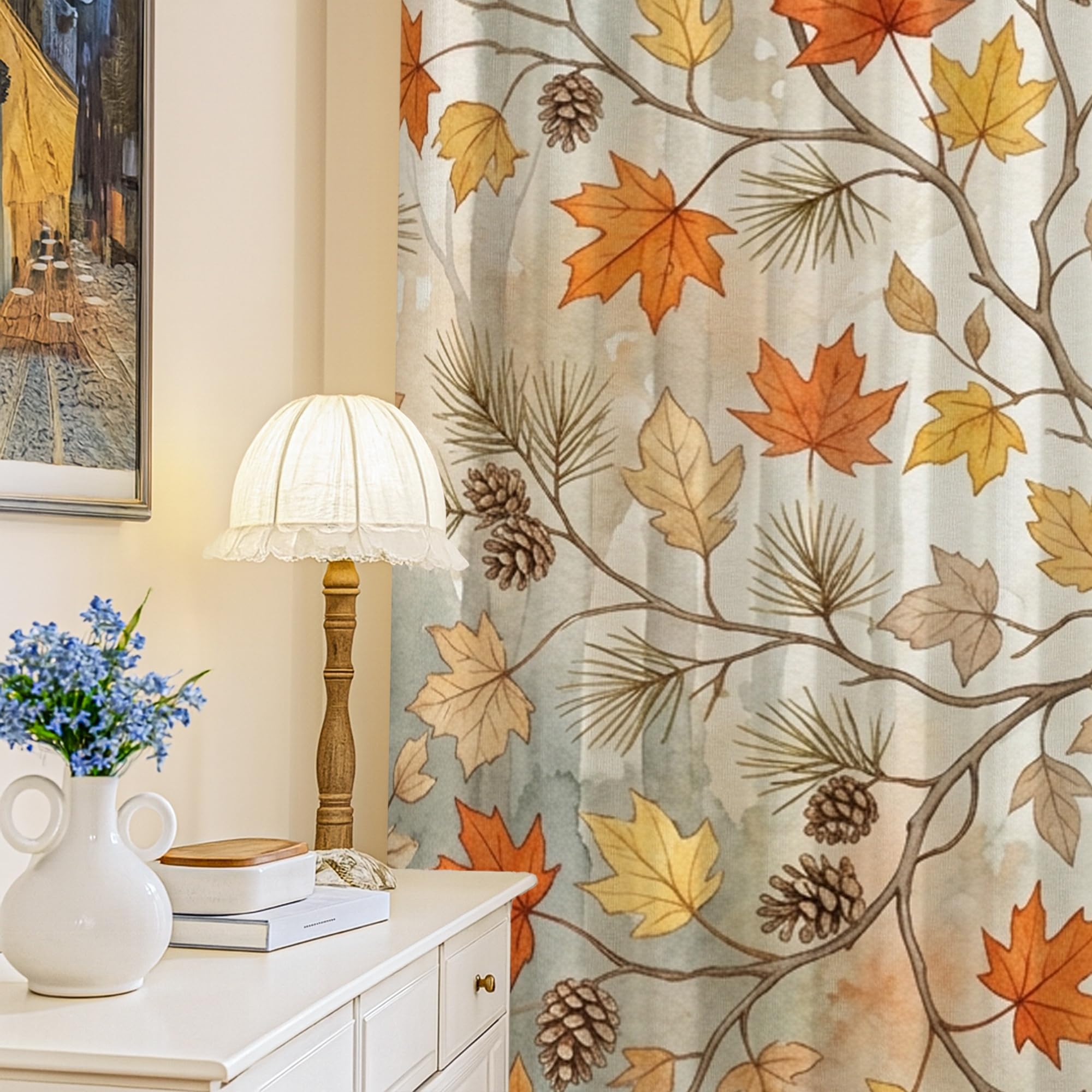 Rideaux occultants motif feuilles et pommes de pin orange automne