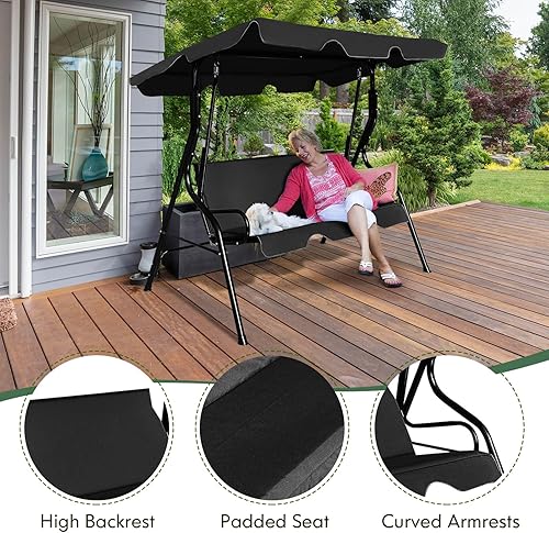 Miniatura 5 de Columpio de porche al aire libre, columpio de patio para 3 personas con cojín extraíble, soporte y toldo ajustable, silla columpio resistente para