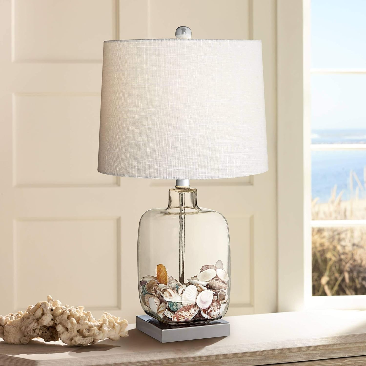 360 Lighting Coastal Country Style Accent 3-Way Table Lamp with Table Top Dimmer 21.75" High Clear Glass White Fabric Drum Shade for Living Room Bedroom House Bedside Nightstand Home Office Family