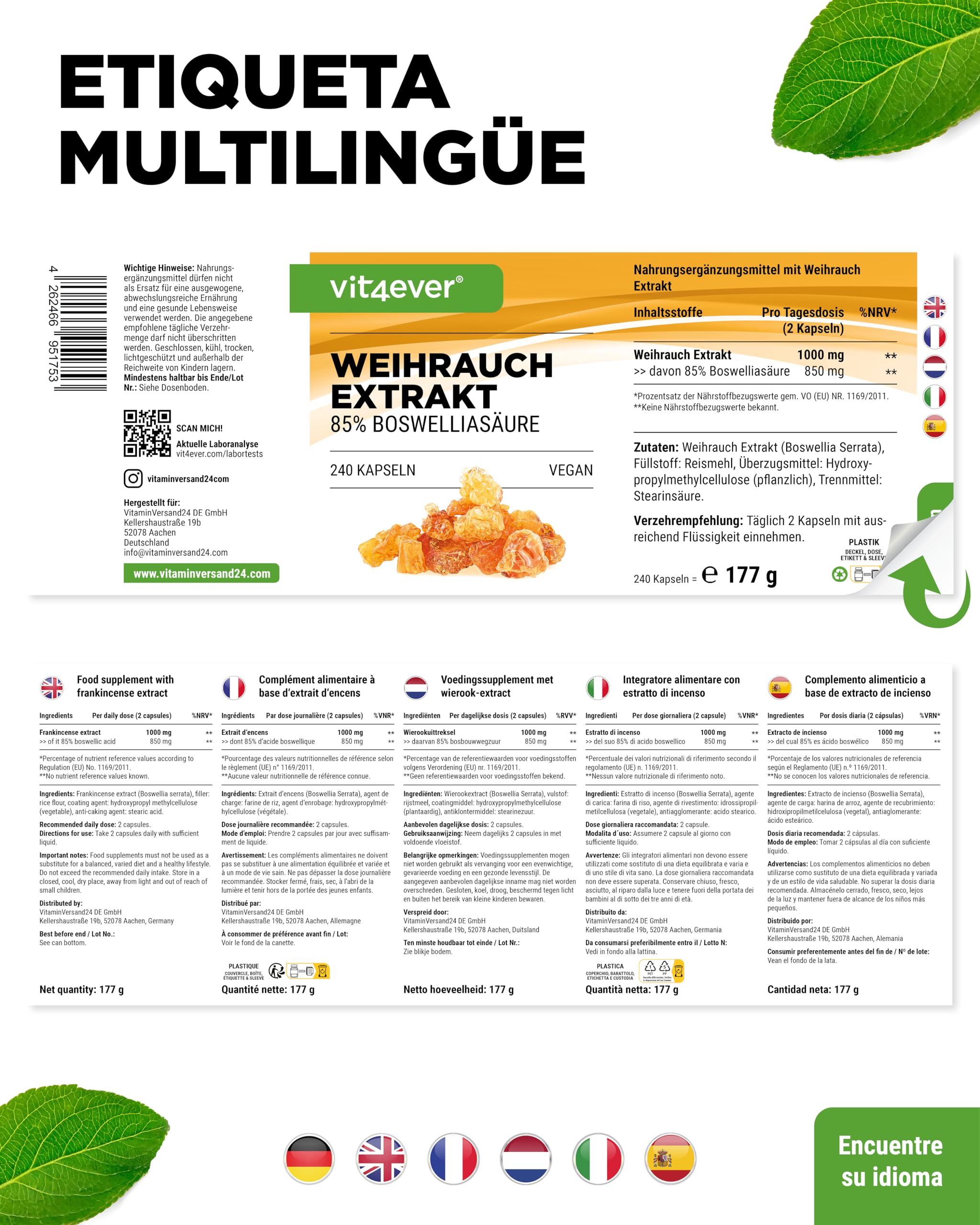 vit4ever Extracto de incienso - 240 cápsulas veganas - 1000 mg por ración diaria - Con 85% de ácidos boswélicos de auténtica Boswellia serrata india - Alta dosis