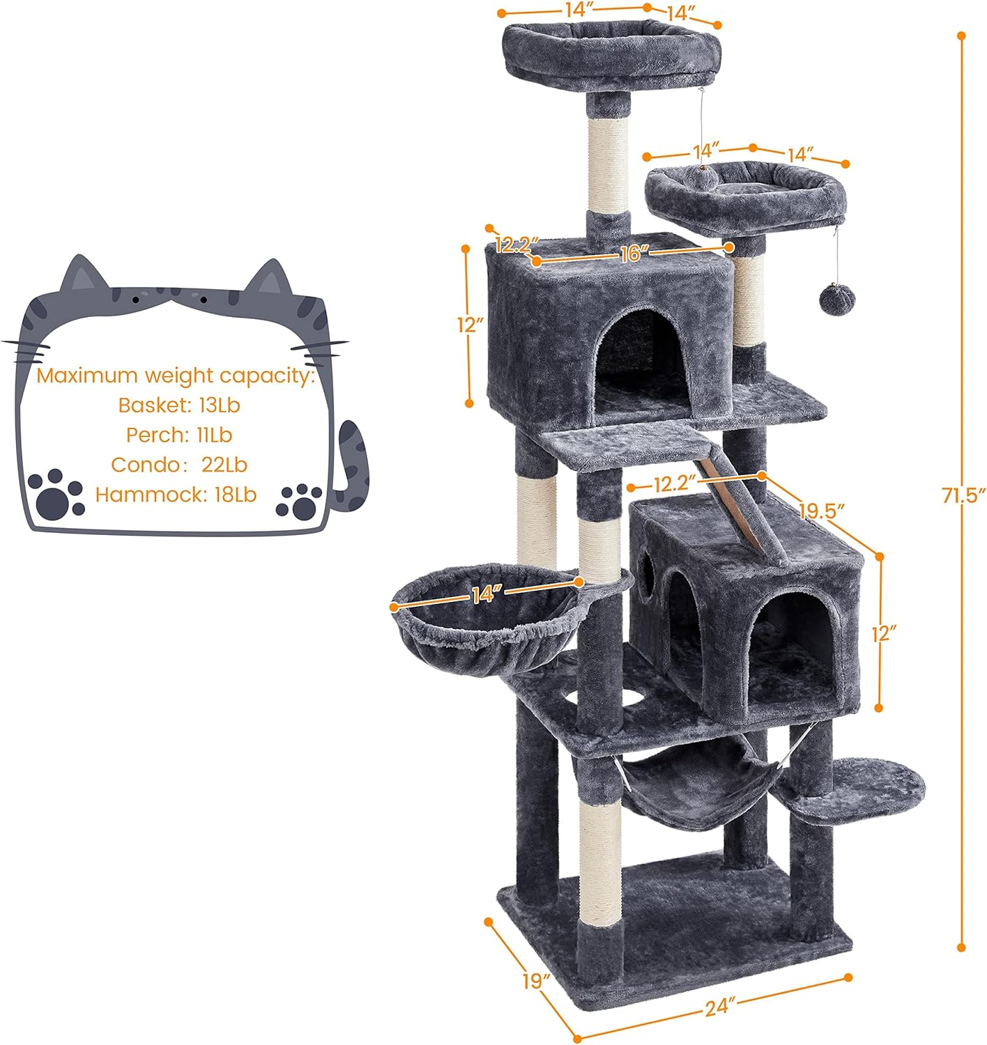 Topeakmart 71.5in Cat Tree Large Cat Tower for Indoor Cats, Multi-Level Cat Furniture w/Condos, Perches, Basket, Hammock and Scratching Posts, Cat Kitten Pet Play House